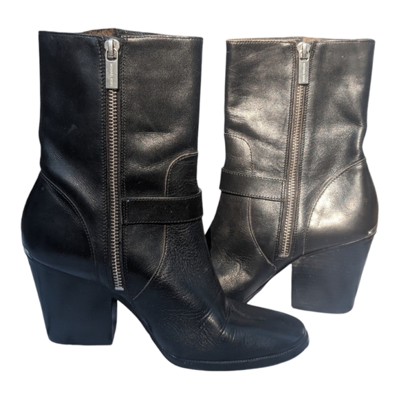 MICHAEL KORS Women Black Leather Ankle Heels Moto Boots Booties Size 6 - Picture 2 of 11